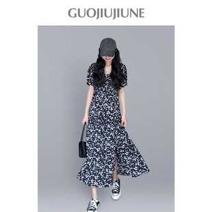 新款 气质茶歇裙女夏季 开衩显瘦碎花裙 复古连衣裙长款 郭九九呢法式