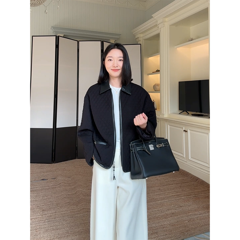 郭九九呢 休闲气质翻领菱形显瘦格棉服外套冬季上衣加绒弯刀裤