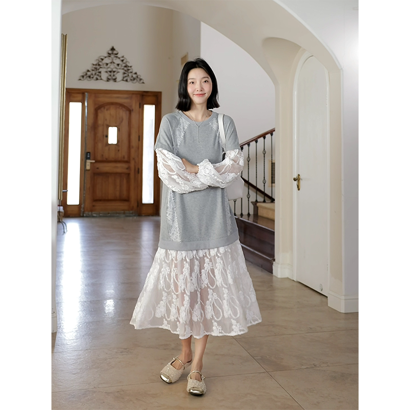 【郭九九呢】棉韩系立体蕾丝拼接假两件连衣裙宽松长裙
