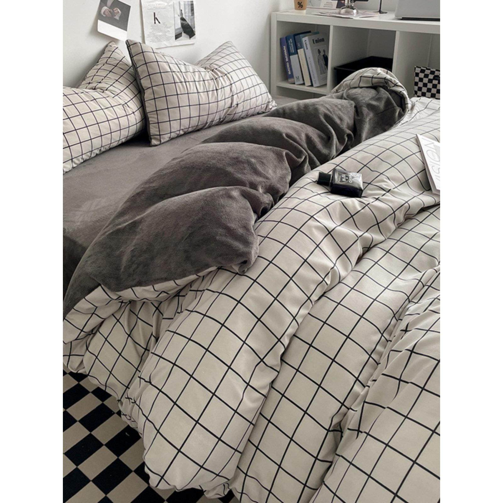 韩国黑白格冬季牛奶丝绒四件套Ab面绒衬里单面珊瑚绒被套床床单三,床上用品,床品套件/四件套/多件套,淘宝优惠券,粉丝福利购,淘宝优惠卷