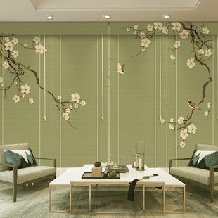 花禅意印花子窗帘卷拉式 饰隔断帘 茶室背景新中式 竹帘卷帘客厅鸟装