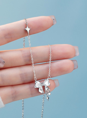 999纯银四芒星蝴蝶结项链女甜美百搭超闪镶钻锁骨链轻奢吊坠足银