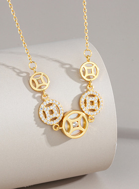 钱万千五方财源项链s925纯银镶钻钱币五帝钱锁骨链新中式招财吊坠