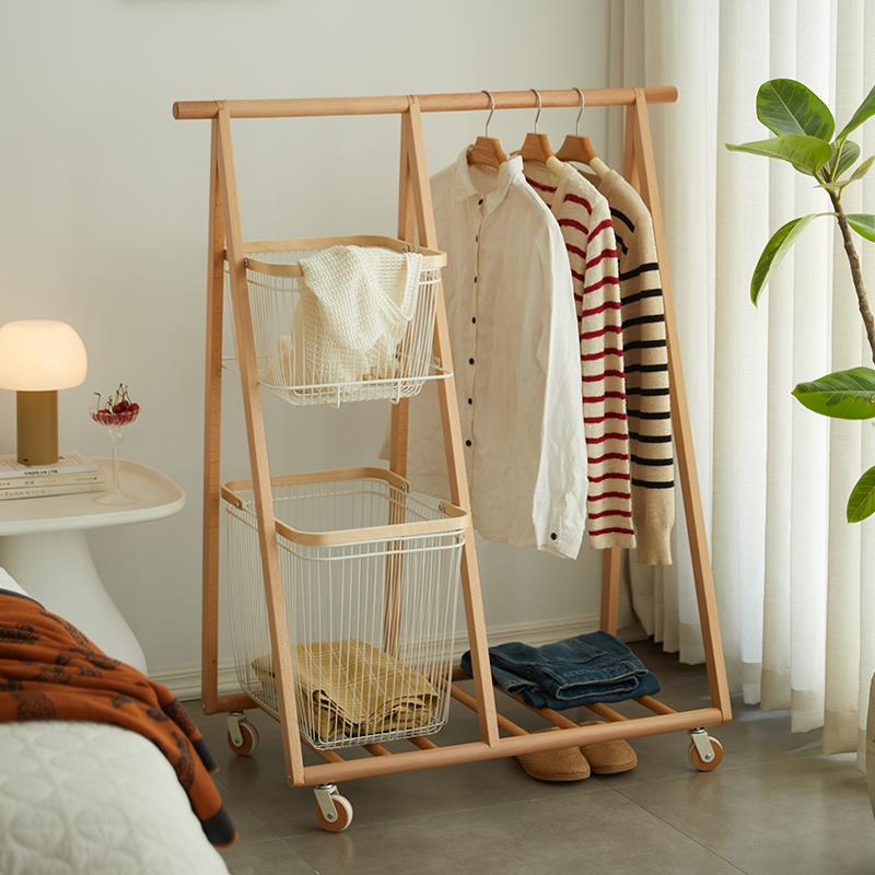 实木落地衣帽架多功能脏衣篓家用卧室可移动挂衣架简易室内晾衣架