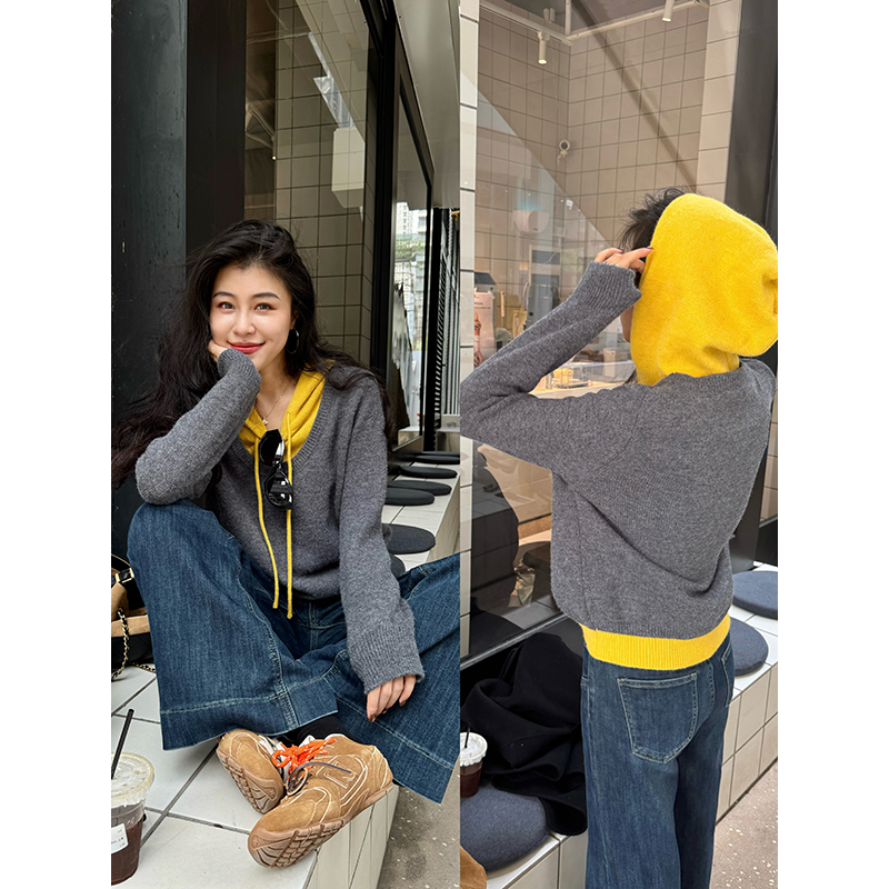 张阿星【调色师】韩系松弛感假两件撞色连帽遮肉软糯毛衣