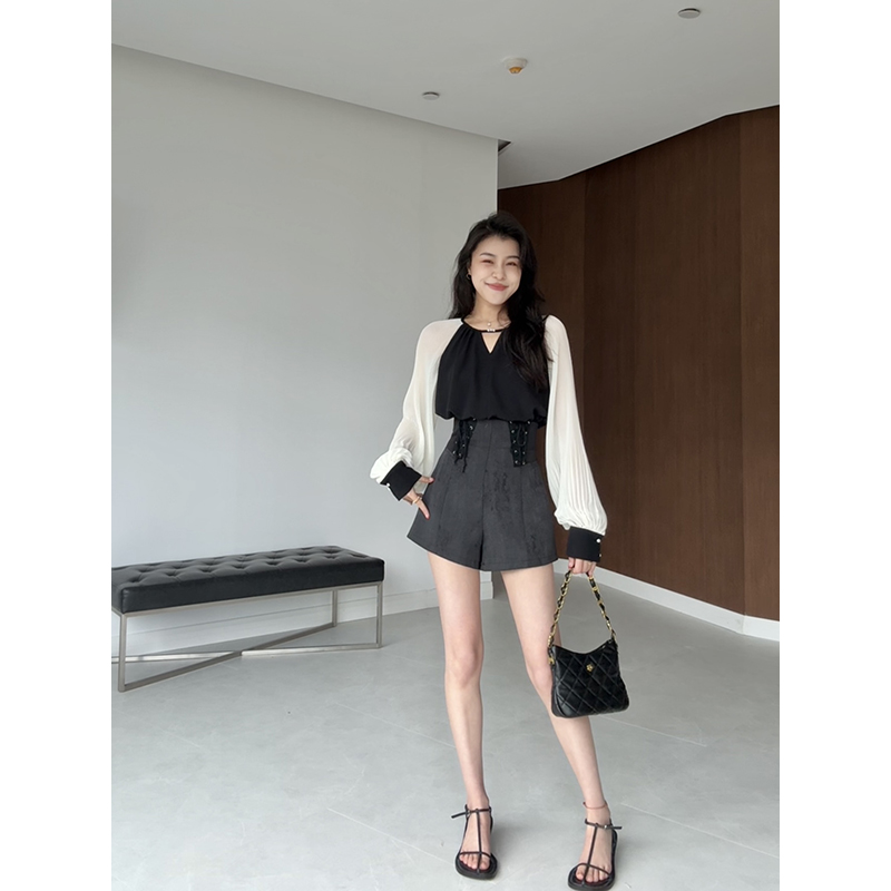 张阿星【京洛女主】2025新款法式贵气感灯笼袖衬衫+绑带收腰短裤
