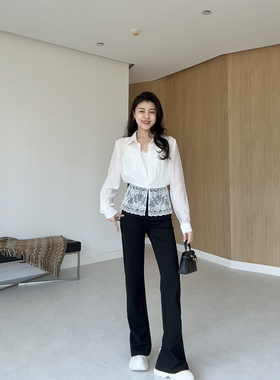 张阿星【精致挂】韩系蕾丝假两件拼接衬衫+黑色高腰大长腿神裤