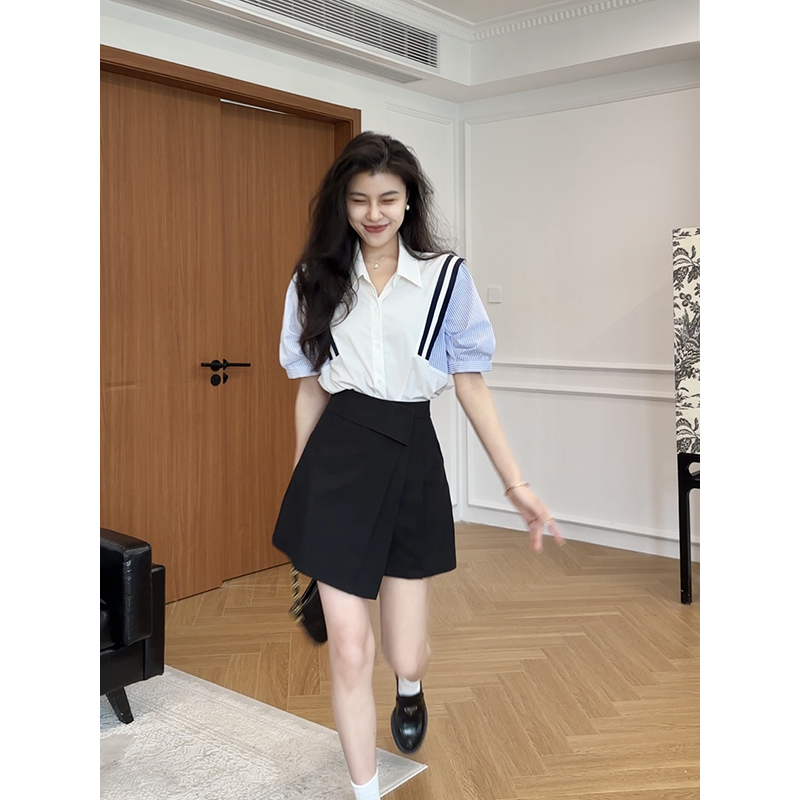 张阿星【微风衬夏】法式条纹衬衫上衣+高腰裙裤半身短裙套装女夏