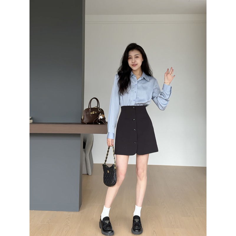 张阿星【蓝调诗章】假两件法式蓝条纹拼接收腰连衣裙