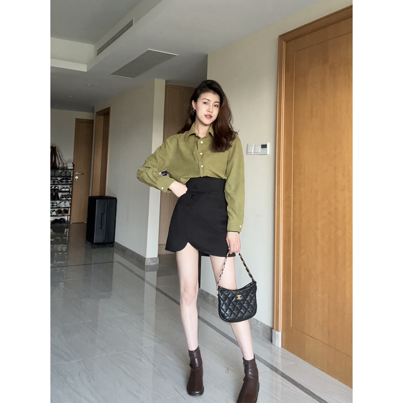 简约百搭宽松遮肉绿色衬衫