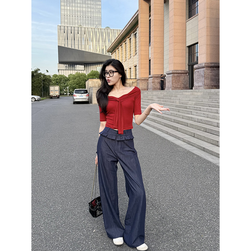 【现货】张阿星【港风美人】 港风假两件红色T恤复古牛仔蓝裤子