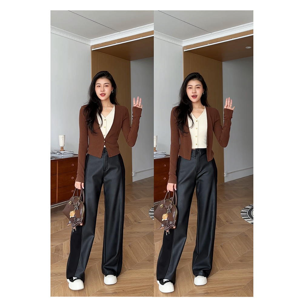 张阿星【高分常穿】V领假两件针织衫+修容直筒裤