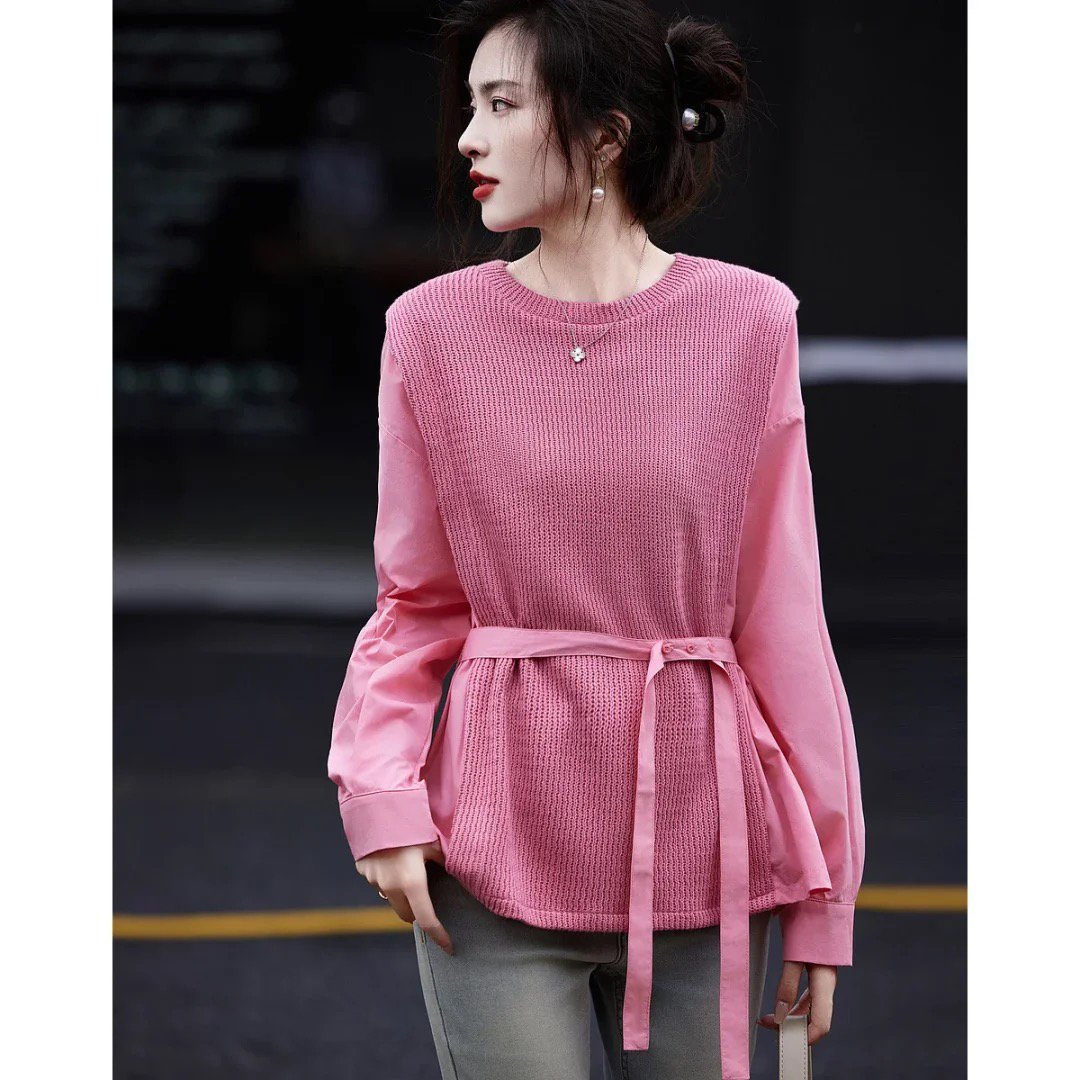 秋上新！德M家春秋宽松针织拼接假两件衬衫女设计感小众上衣