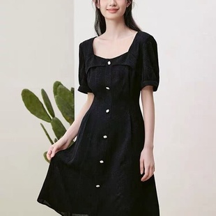 夏款清！S~XL码H兔家女雪纺提花经典小黑裙显瘦轻薄优雅短袖裙