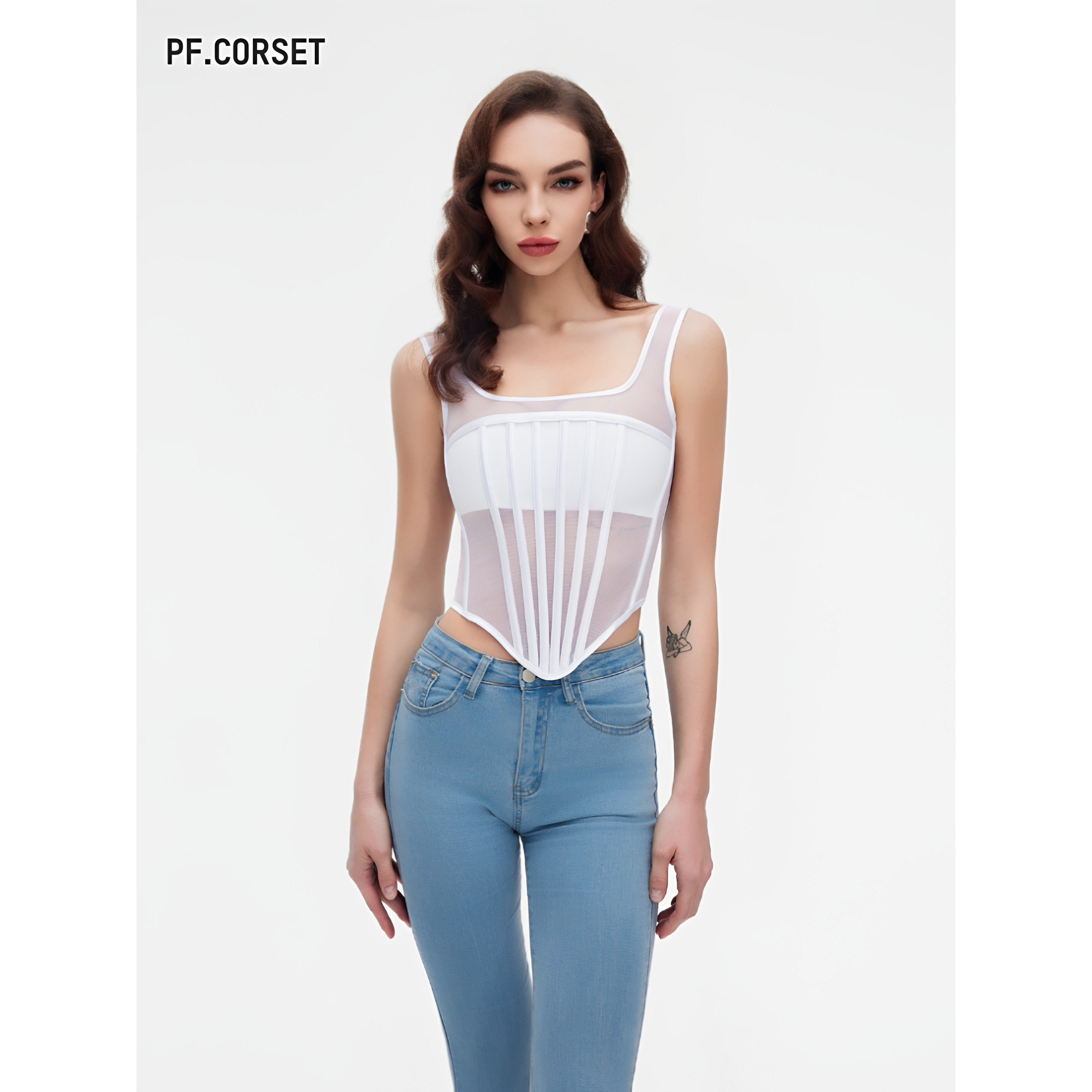 T form网纱一字肩吊带背心收腰绑带鱼骨抹胸上衣PerfectCorset NY