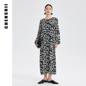 CHENSHII官方春季 气质长裙 印花斑马纹真丝连衣裙女2026新款