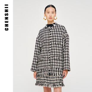 CHENSHII官方2026春季新款羊毛混纺千鸟格小香风外套女款上衣
