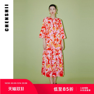 喇叭袖 CHENSHII官方 设计感花色拉链式 新款 连衣裙 2025秋季
