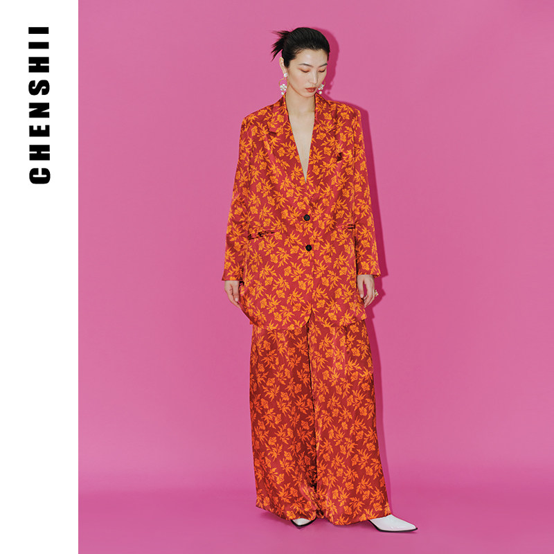 CHENSHII官方 2026秋新品时尚真丝印花休闲西装外套女款上衣