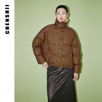 CHENSHII官方 2025秋冬新款时尚波点印花白鹅绒保暖短款羽绒服女