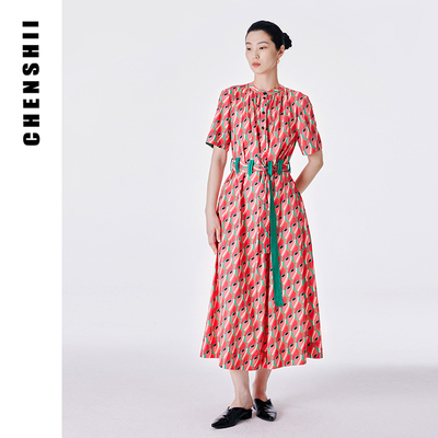 CHENSHII官方 2025夏装新款时尚优雅短袖束腰A摆短袖连衣裙女长裙
