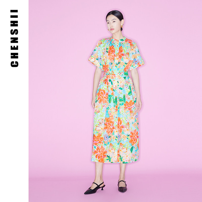CHENSHII官方 2026夏季新款设计感优雅立领连肩褶饰连衣裙女