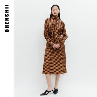 CHENSHII官方2026春夏新款法式长袖系带真丝印花秋冬连衣裙高级感