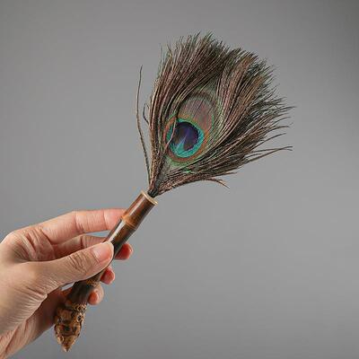 紫竹根小尘掸天然手工孔雀毛除尘短款扫灰尘茶室清洁掸子