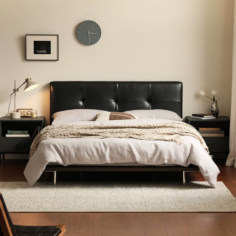 北欧表情中古复古全真皮床NORHOR实木床皮床主卧双人床1米8皮艺床