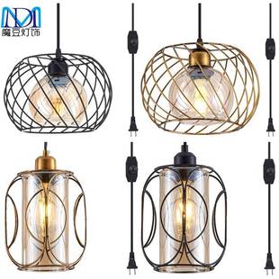 跨境复古农舍吊灯插入吊绳调光开关厨房岛琥珀色玻璃工业插头灯具
