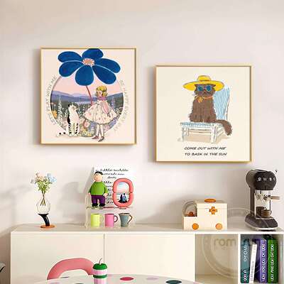 奶油风儿童房装饰画多巴胺客厅餐厅方形挂画公主房女孩卧室床头画