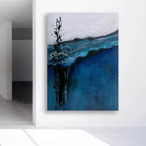 纯手绘油画抽象派艺术蓝色波涛的海浪现代简约客厅卧室装饰画挂画