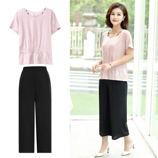 女款套装夏款中老年女装两件套短袖圆领收腰上衣+裤子妈妈套装女