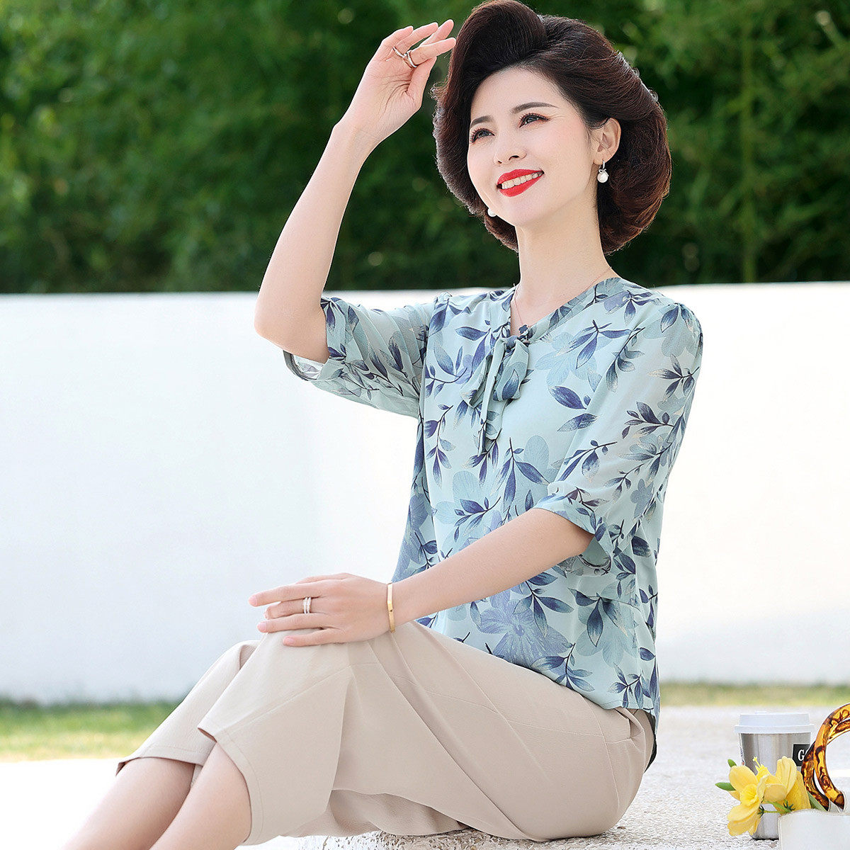 夏季减龄宽松上衣+裤子两件套妈妈装中老年女套装,女装/女士精品,时尚套装,淘宝优惠券,粉丝福利购,淘宝优惠卷