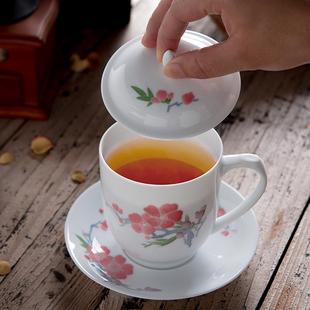 千红窑醴陵瓷器釉下五彩陶瓷茶杯带盖毛瓷梅花杯带碟家用泡茶杯子
