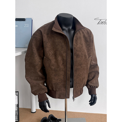 复古风春秋美拉德立领pu皮夹克男