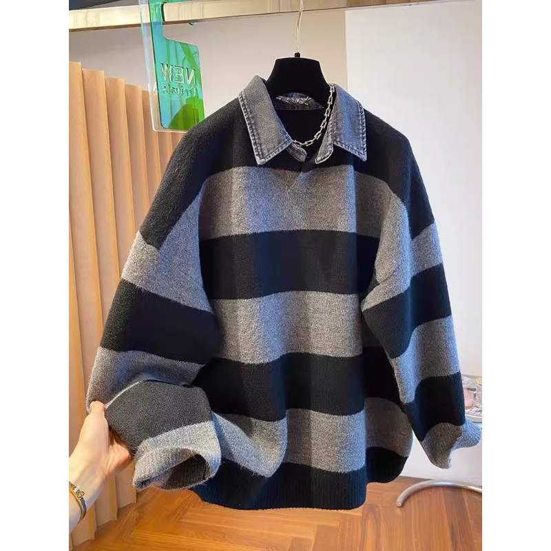 粗条纹牛仔领毛衣外套男女秋冬季