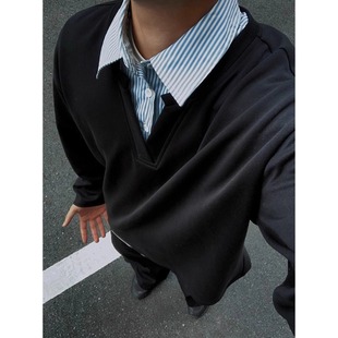 翻领宽松套头衫 特大码 秋冬季 假两件撞色拼接卫衣男女装 300斤韩版