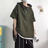 t恤男夏季 连帽短袖 潮流宽松上衣日系学生半拉链卫衣 男装 300斤大码
