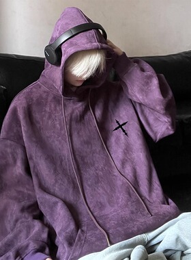 大码300斤紫色麂皮绒重磅卫衣男秋季美式街头复古宽松外套连帽衫