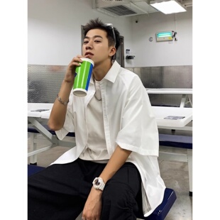 特大码300斤原宿风短袖衬衫男女夏季薄款宽松简约垂感五分袖衬衣2