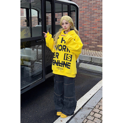 大码300斤美式复古字母连帽卫衣