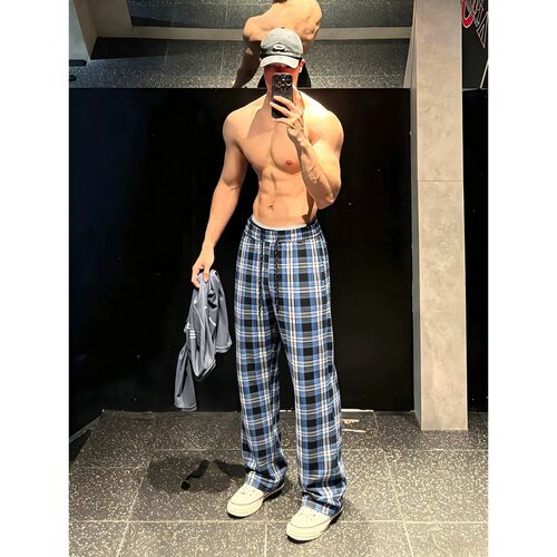 蓝色格纹裤子男夏薄款慵懒松弛感