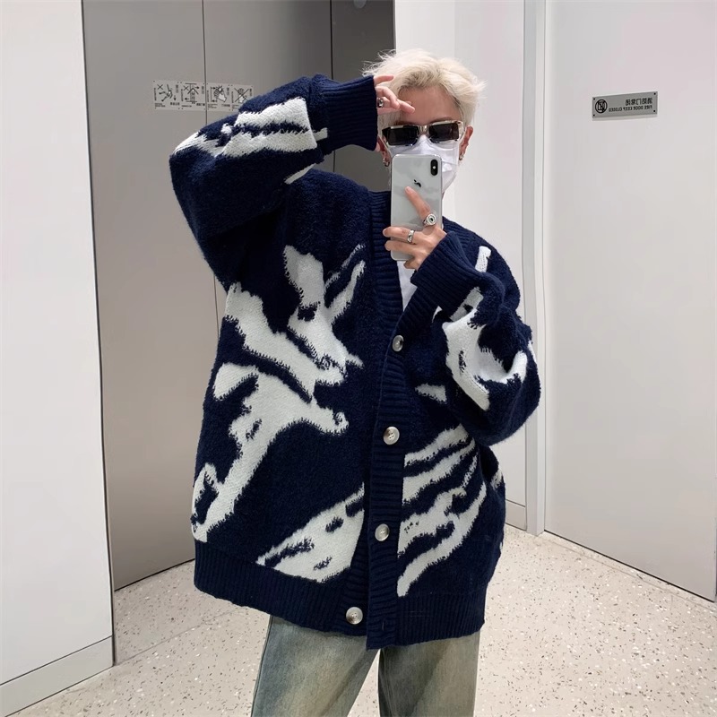 特大码300斤美式复古开衫毛衣男