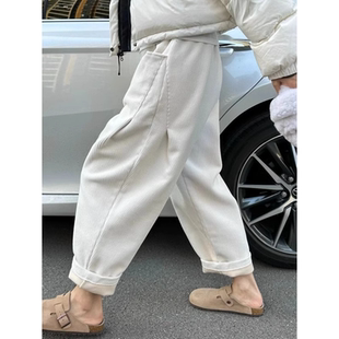 简约白色加绒加厚灯芯绒老爹裤 男女冬季 慵懒萝卜哈伦裤 300斤大码