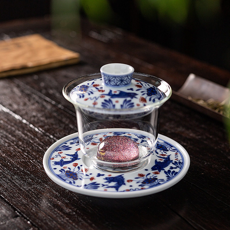 手工玻璃盖碗茶杯透明耐热陶瓷纯手绘三才泡茶盖碗茶杯家用手抓盖