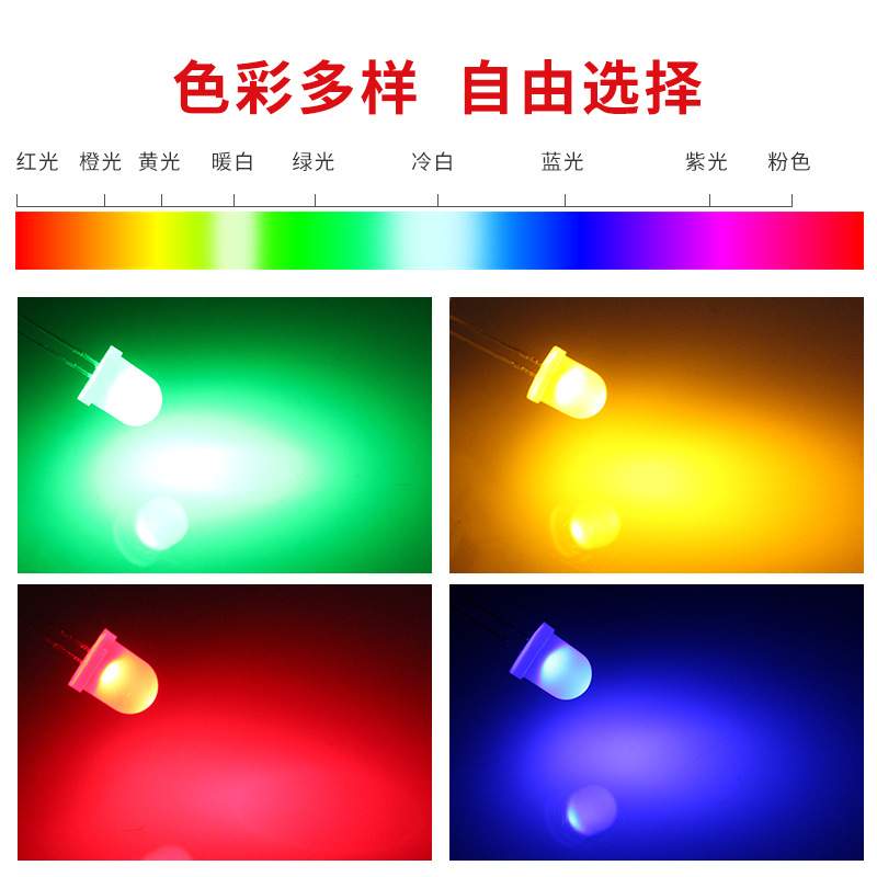 直插式led发光二极管f8/8mm圆头带色长脚有边白红蓝绿LED草帽灯珠