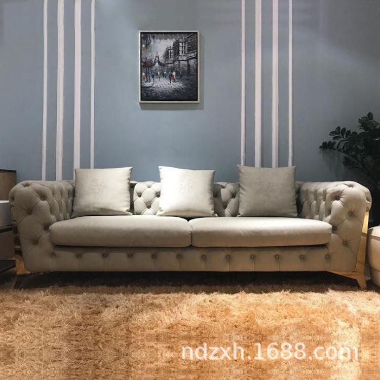 意大利客厅家具轻奢后现代客厅三人位拉扣皮意式极简沙发皮质双人