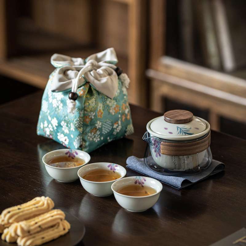 手绘紫藤快客杯防烫玻璃旅行茶具套装户外露营泡茶壶便携收纳布包