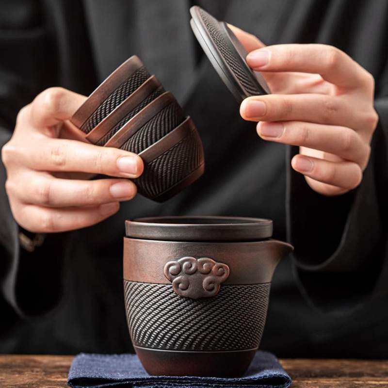 紫陶复古快客杯一壶四杯紫砂便携式旅行家用茶具套装户外随车喝茶
